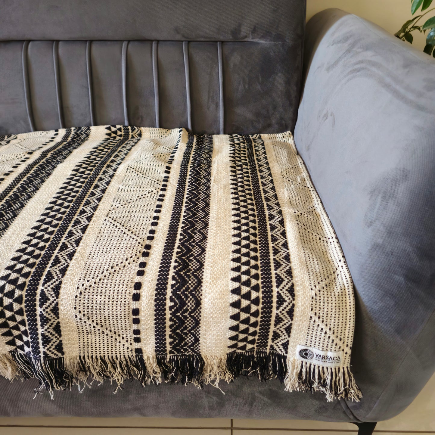 Black and White Boho Handwoven Cotton Sofa Cover – Stylish & Durable