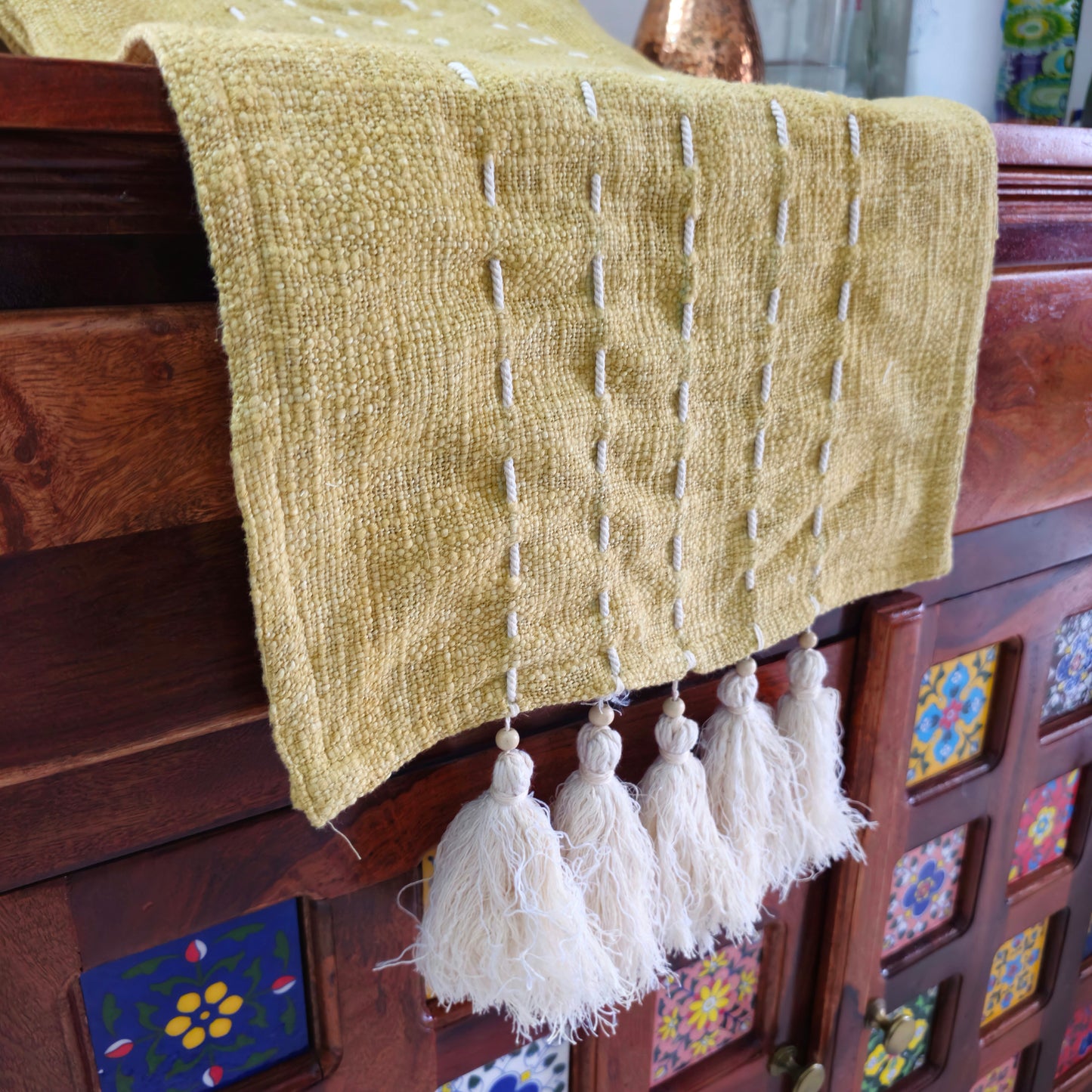 Handmade Kantha Work Slub Cotton Table Runner in Mustard-yellow Color with Threaded Lines and Hanging Tassels