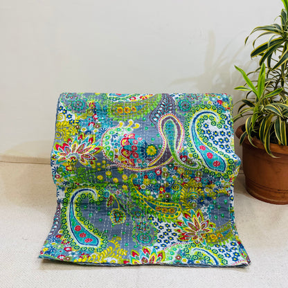 Grey and Green Paisley Print Kantha Bedcover | Handmade & Elegant