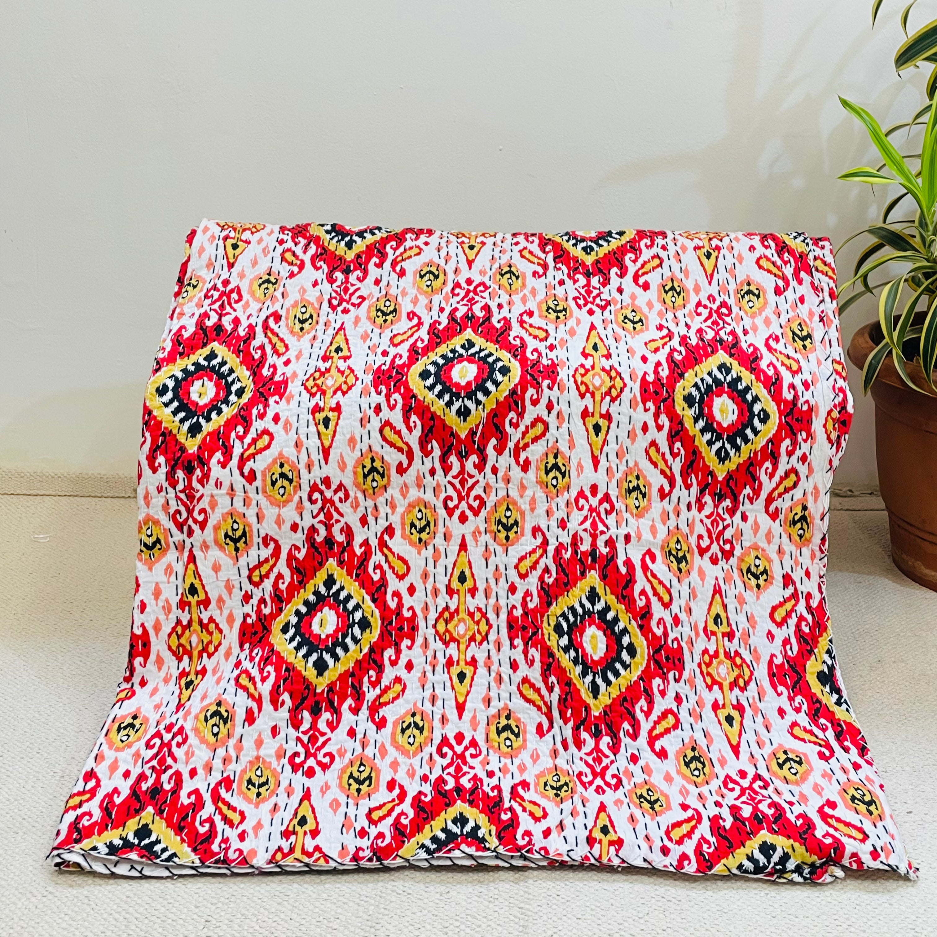 White and Red Diamond Print Kantha Bedcover | Handmade & Elegant