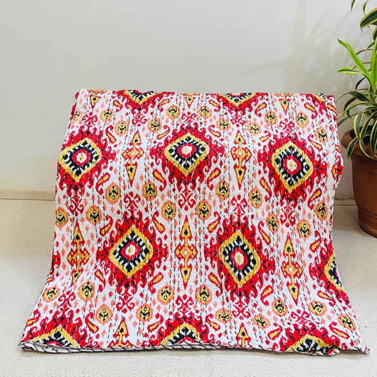 White and Red Diamond Print Kantha Bedcover | Handmade & Elegant