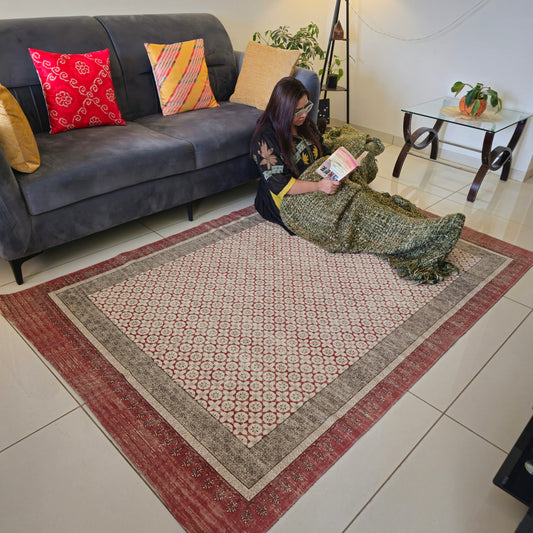 Maroon and Black Cotton Rug with Geometric Floral Motif | Handwoven Dhurrie Carpet