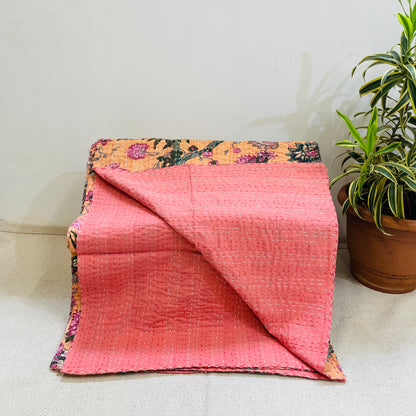 Hand-Stitched Salmon Pink Floral Kantha Bedcover