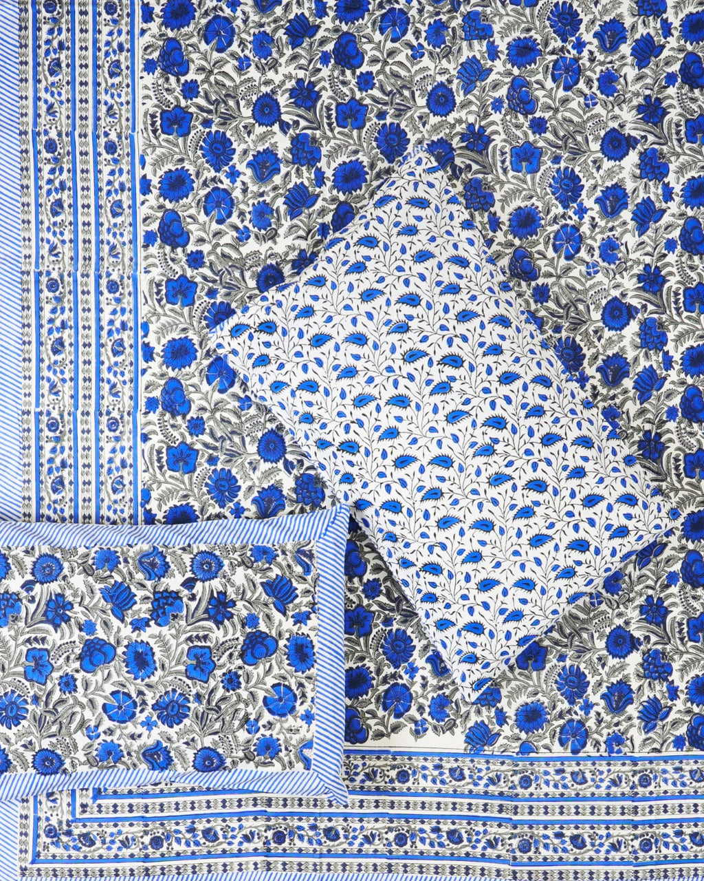100x108 inch king size cotton bedsheet and matching pillow covers styled with a traditional royal blue and grey handblock floral print.