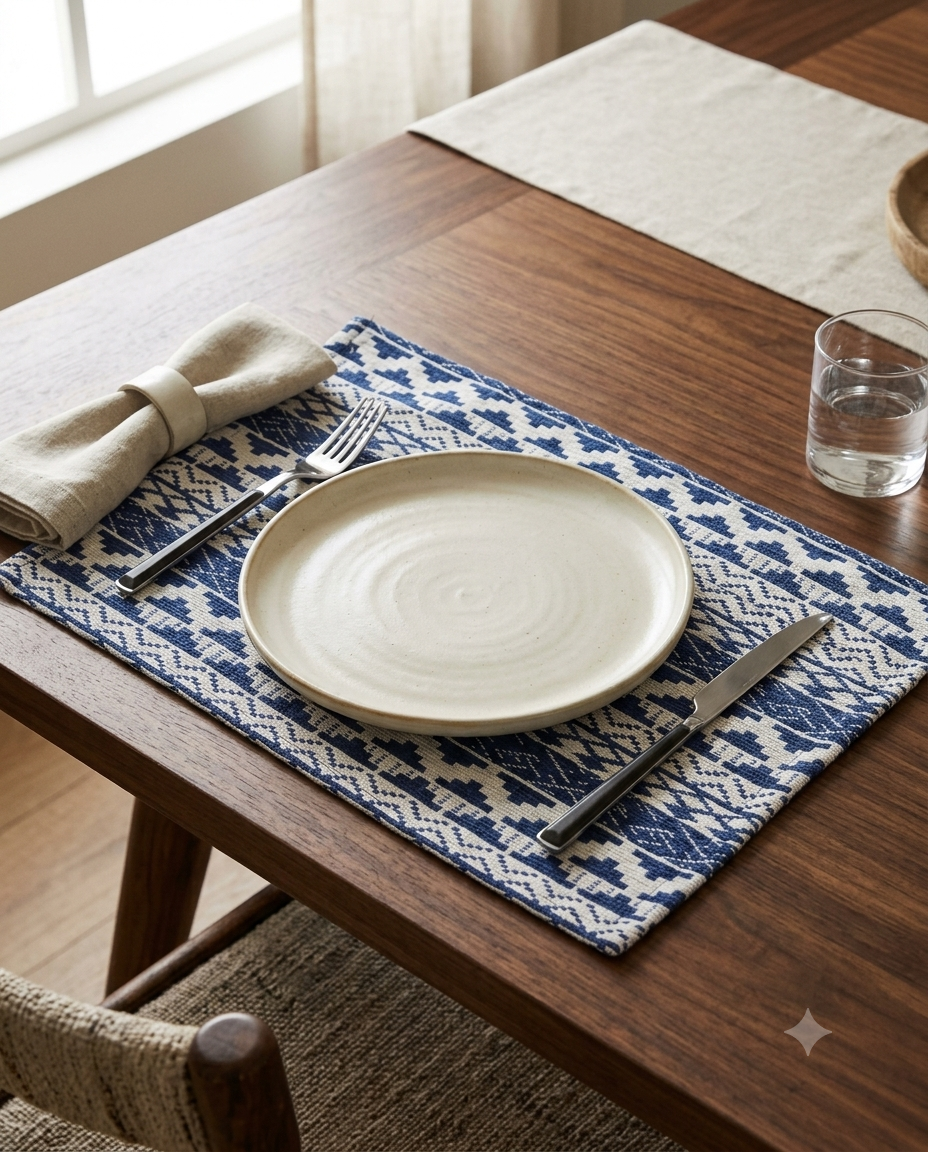 Close-up view of a royal blue and off-white woven cotton placemat featuring a detailed geometric Aztec jacquard pattern.