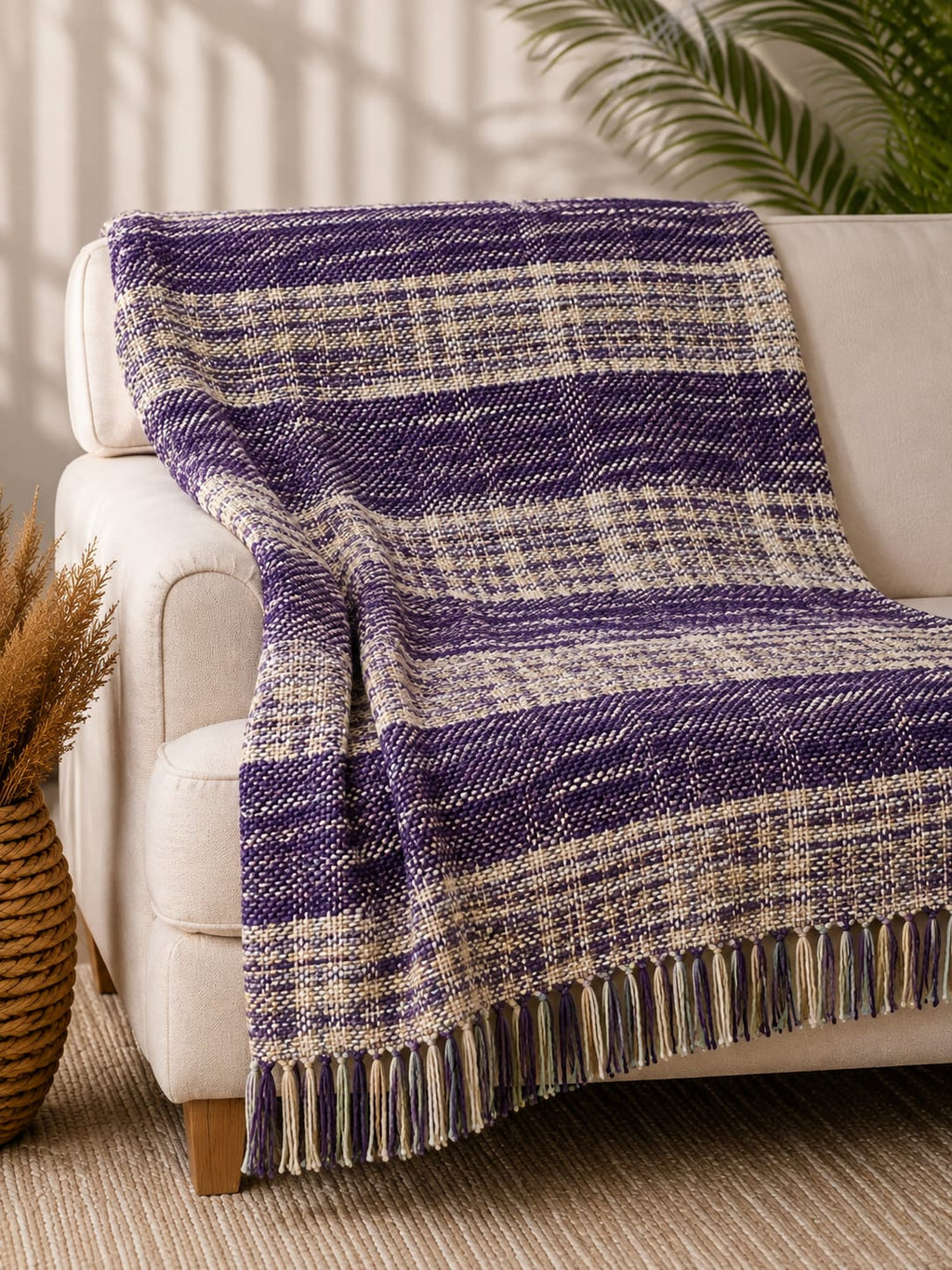 Royal purple and cream handwoven woolen sofa throw blanket with tasseled fringe draped over a cream-colored couch.