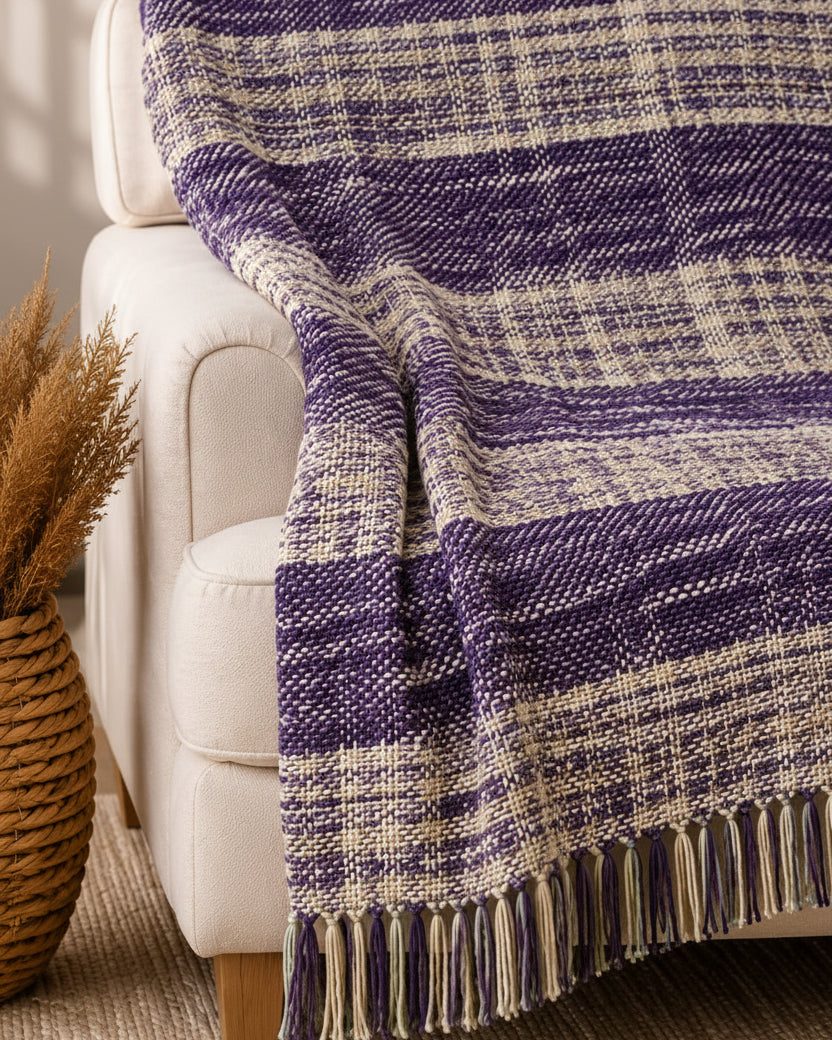 Royal purple and cream handwoven woolen sofa throw blanket with tasseled fringe draped over a cream-colored couch.