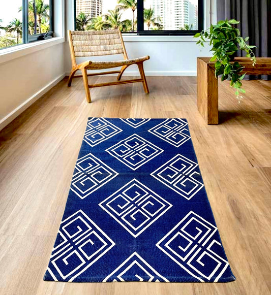 Blue-White Geometric Pattern Cotton Rug | Handwoven Dhurrie