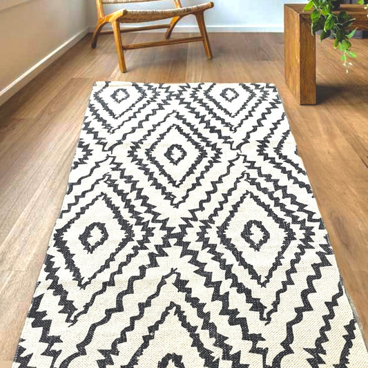 Black-White Diamond Pattern Cotton Rug | Handwoven Dhurrie