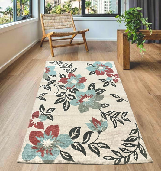 Multicolor Large Flowers Cotton Rug | Handwoven Floral Dhurrie