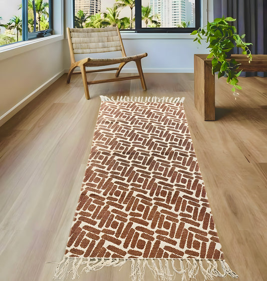 Brown Abstract Geometric Pattern Cotton Rug with Tassels | Handwoven Dhurrie