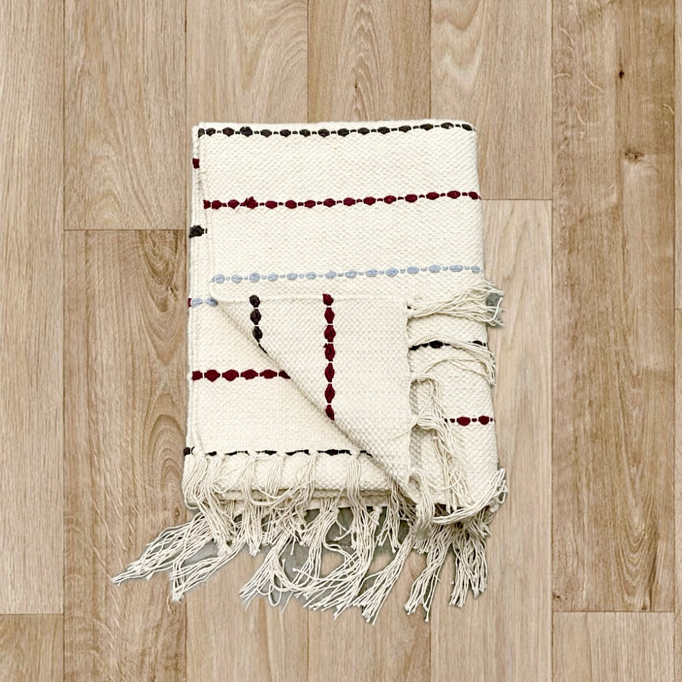 White Cotton Rug with Multicolor Subtle Stripes & White Tassels