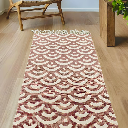 Brown and White Circular Pattern Cotton Rug with Tassels | Handwoven Dhurrie