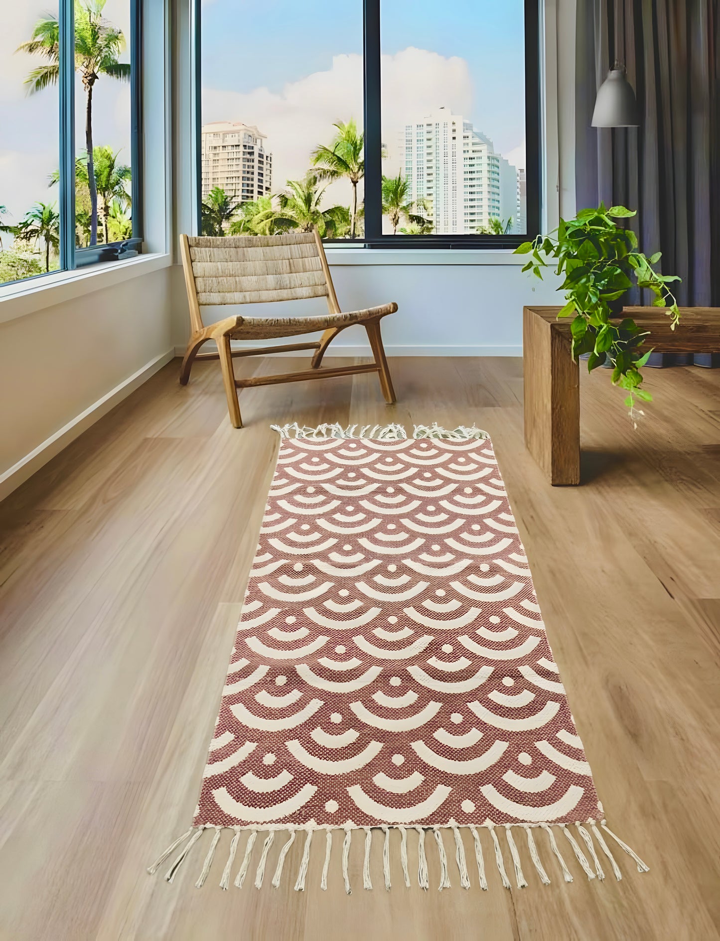 Brown and White Circular Pattern Cotton Rug with Tassels | Handwoven Dhurrie