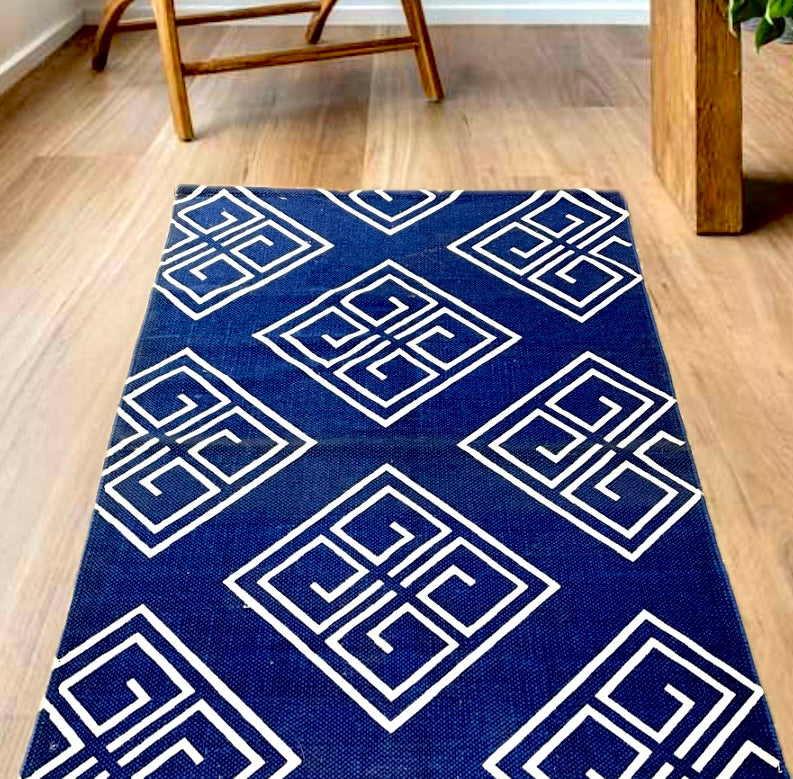 Blue-White Geometric Pattern Cotton Rug | Handwoven Dhurrie