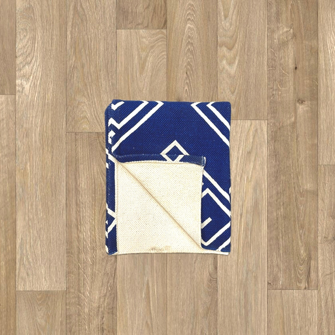 Blue-White Geometric Pattern Cotton Rug | Handwoven Dhurrie