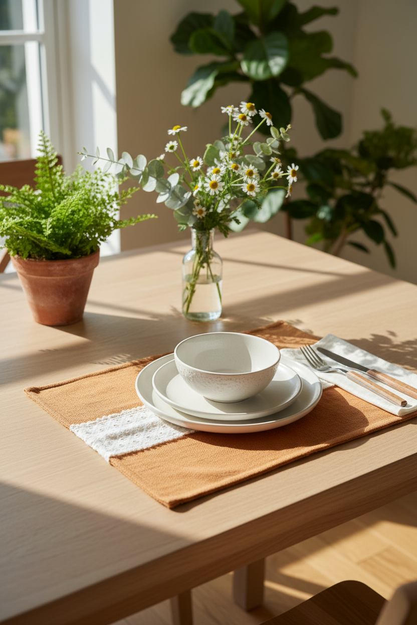 Dining table setting with plates, bowl, and flowers on a wooden table.