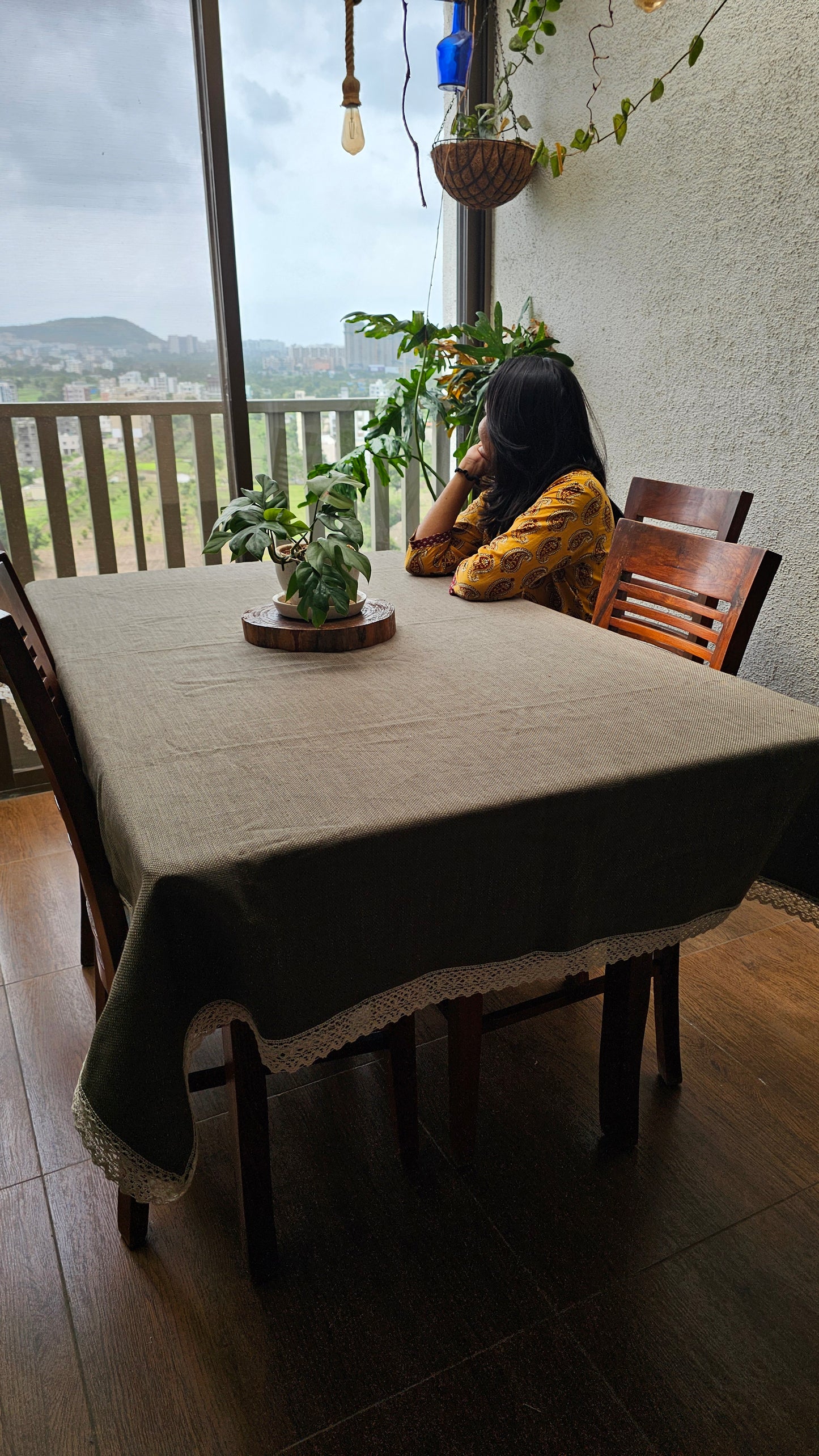 rustic cotton table cover with lace border