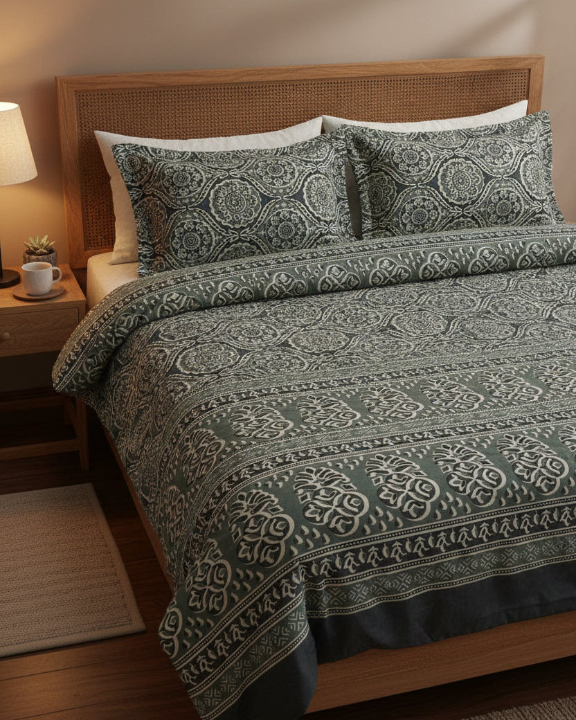 Sage green and charcoal cotton bed sheet featuring a traditional block-printed medallion and floral pattern with coordinating border details.