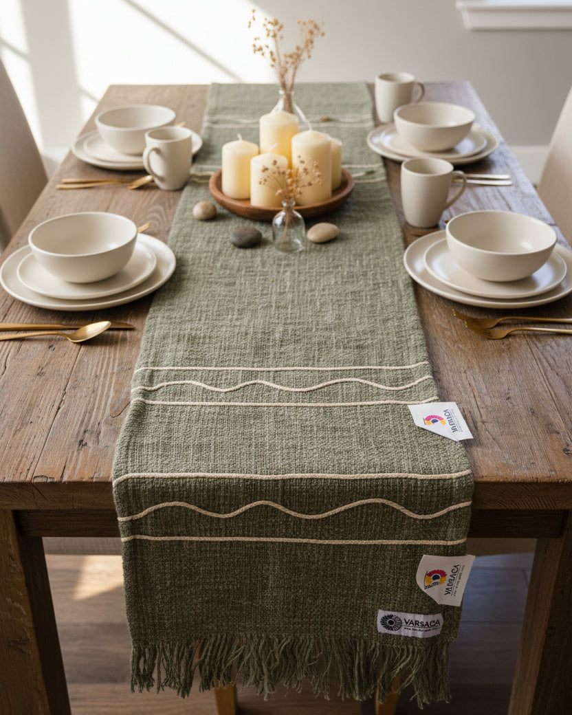 Sage green slub cotton handloom table runner featuring beige braided wave cord details and a fringed hem, with Vasaca brand labels.