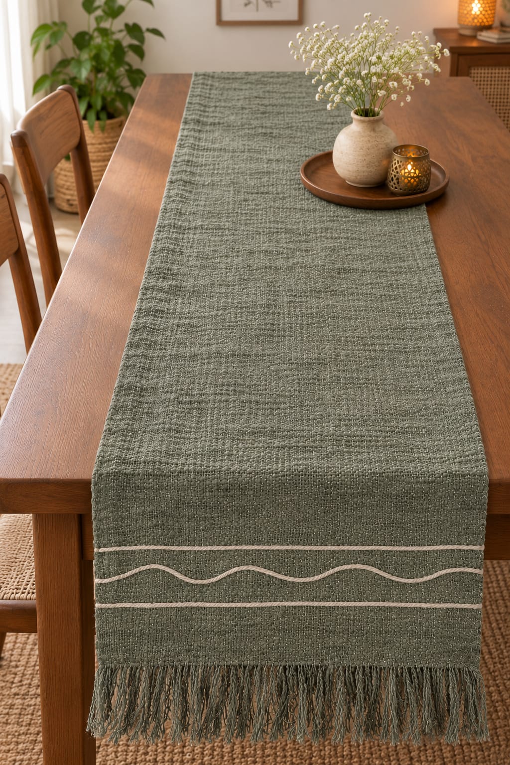 Sage Green Slub Cotton Table Runner | Handcrafted Rustic Dining Mat with Beige Wave Cord & Fringe