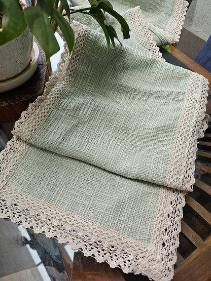 sage green cotton table runner with lace