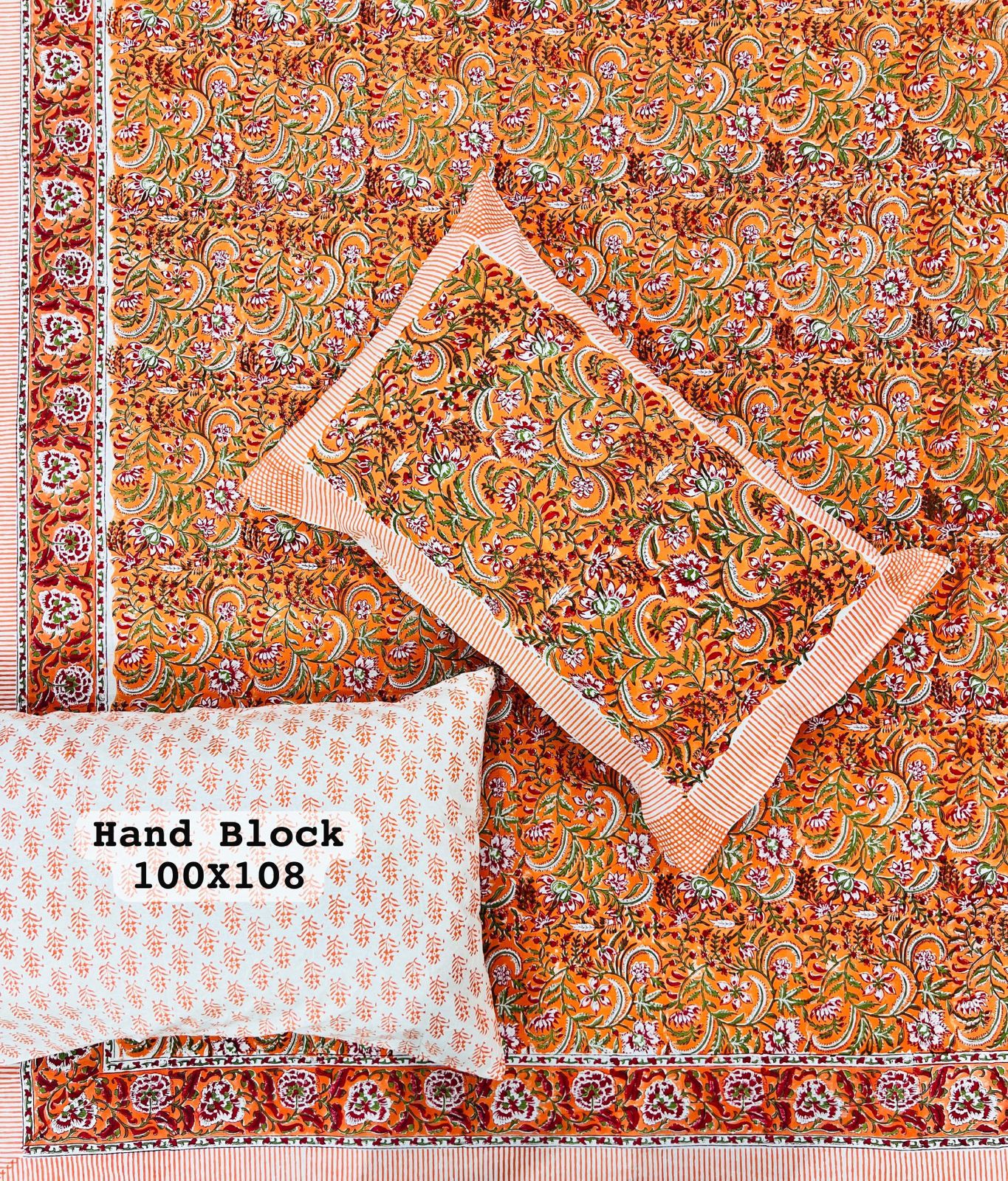 salmon orange hand block printed bedsheet