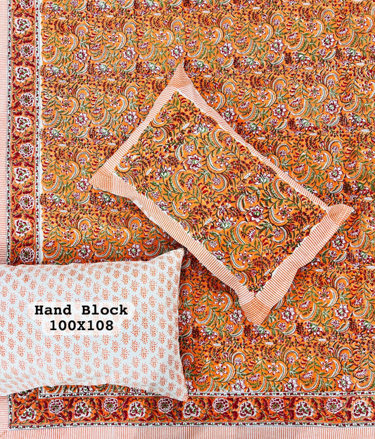salmon orange hand block printed bedsheet