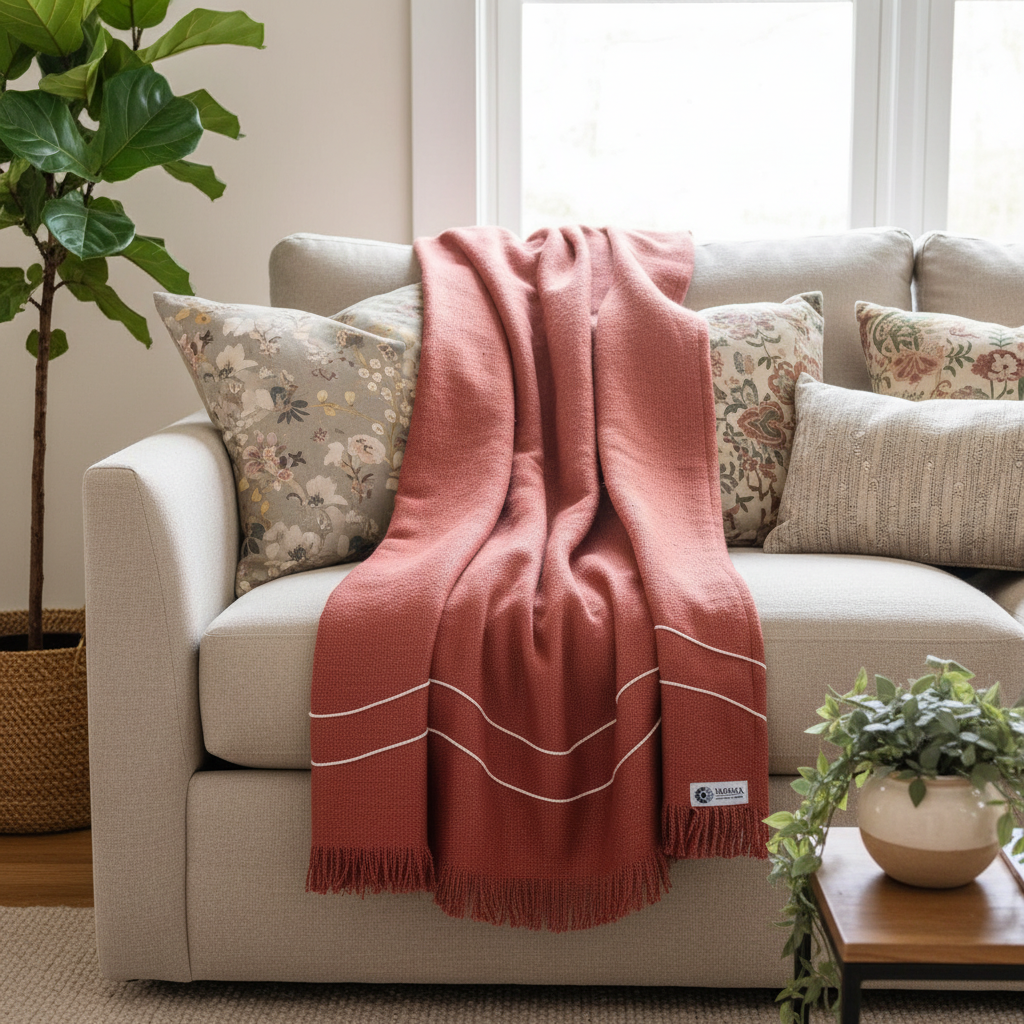 Handloom Jute Cotton Sofa Cover | Salmon Red Textured Throw with Cotton Thread Wave Work & Self Fringes