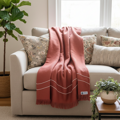 Handloom Jute Cotton Sofa Cover | Salmon Red Textured Throw with Cotton Thread Wave Work & Self Fringes