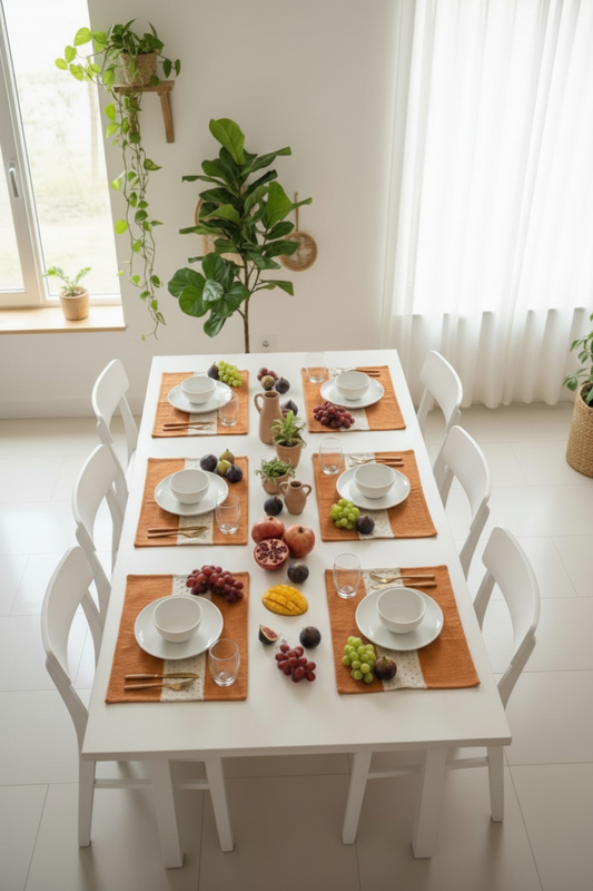 Dining table set with place settings and fruit arrangements in a bright room.