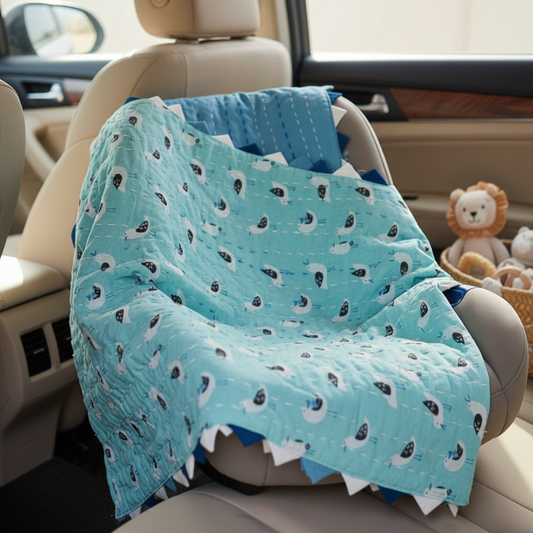 Handmade Kantha Baby Quilt | Seal/Penguin Print Reversible Cotton Blanket | Multicolour Triangle Border