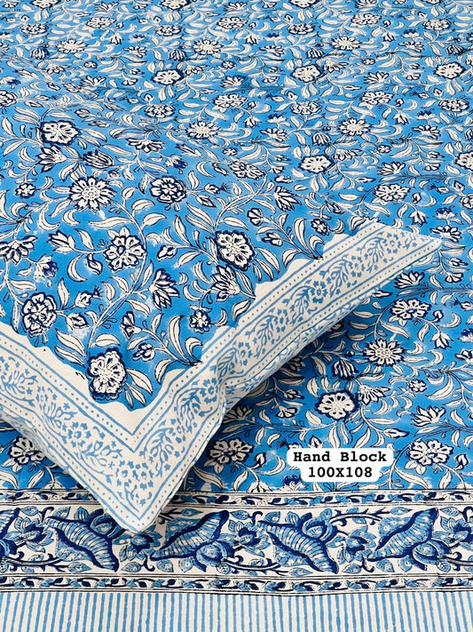 sky blue block printed bedsheet king size