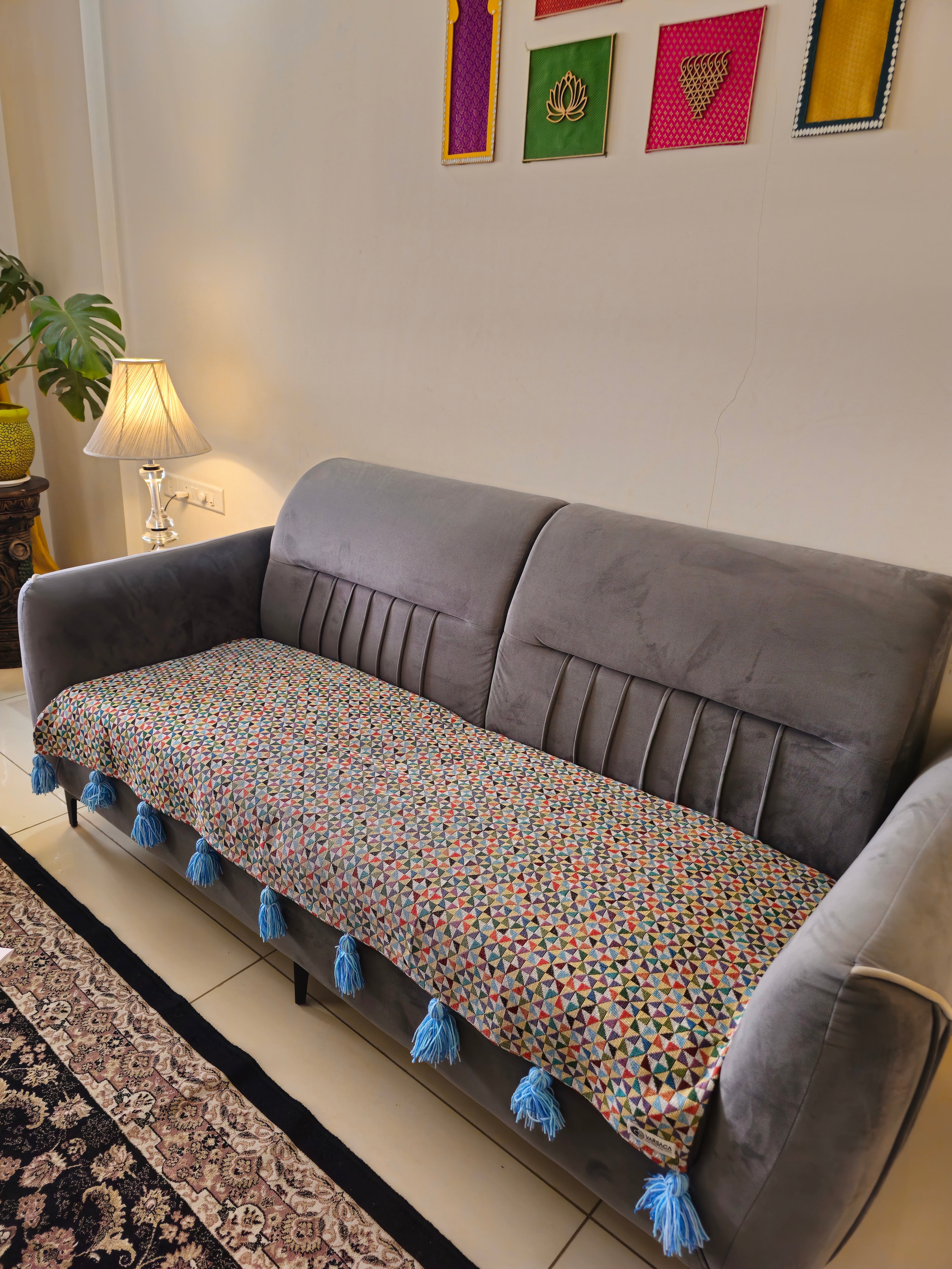 sky blue checkered sofa cover