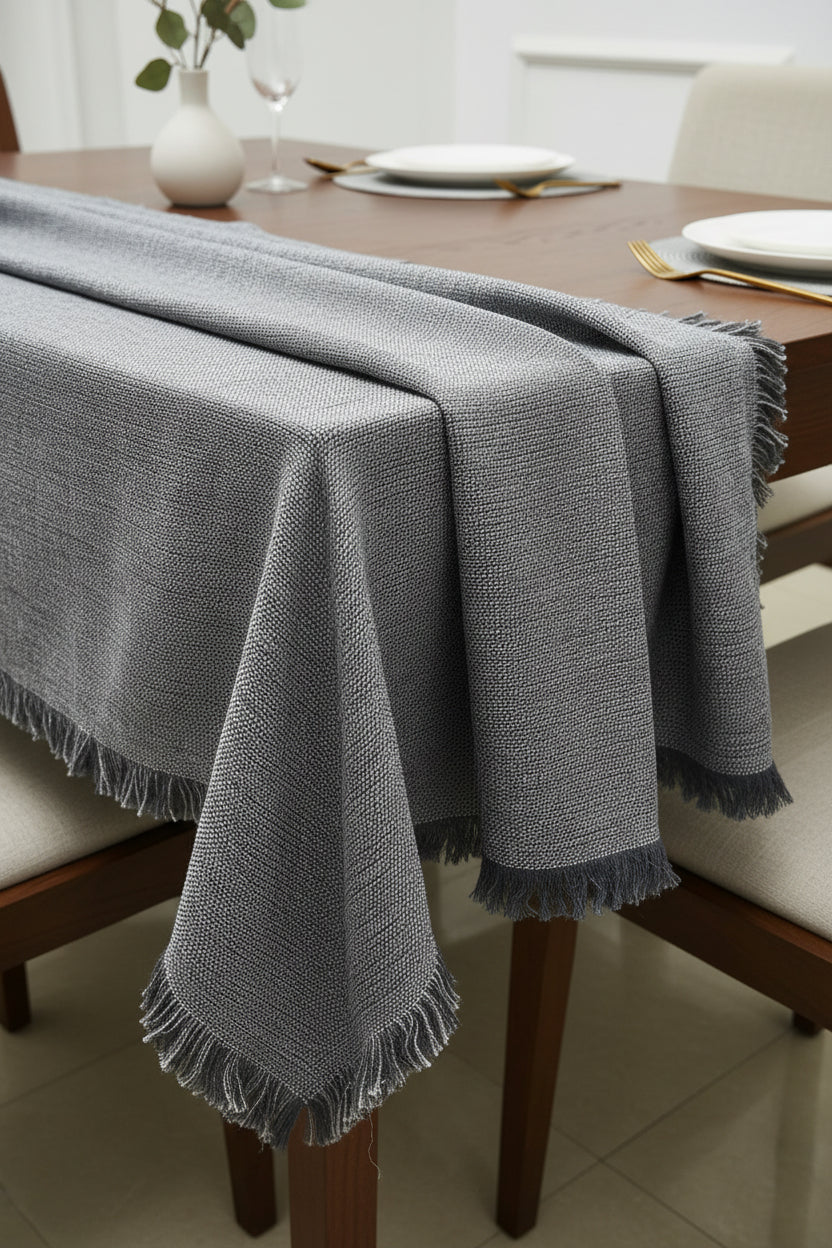 Solid grey handloom cotton table cover featuring a rich textured slub weave and decorative fringe tassels along the edge.
