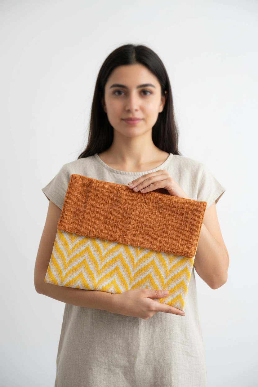 A woman holding a rectangular clutch bag with a two-tone design: one half is solid rust orange, and the other half features a yellow and white chevron pattern.