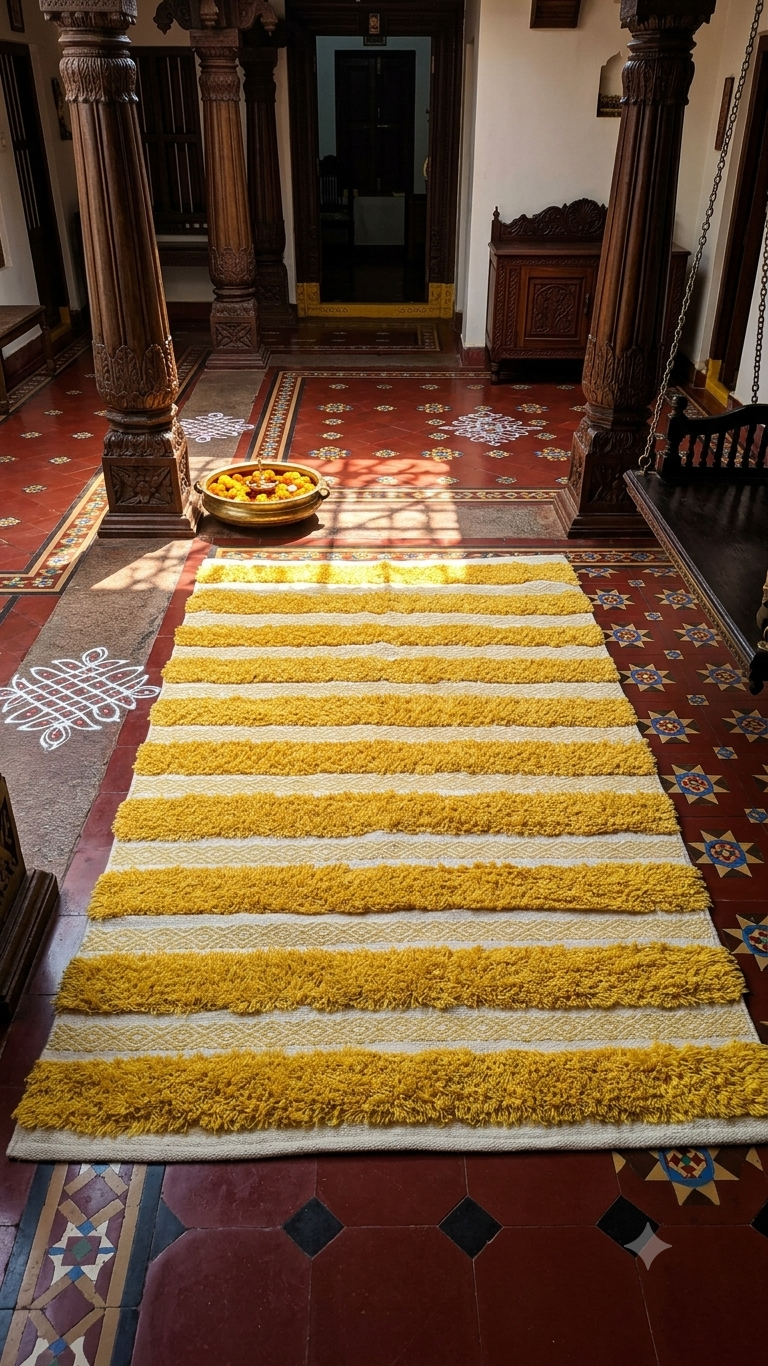 Sunburst Tufted Stripe Pure Cotton Rug with vibrant mustard yellow tufted stripes and off-white geometric diamond lattice flatweave base