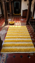 Sunburst Tufted Stripe Pure Cotton Rug with vibrant mustard yellow tufted stripes and off-white geometric diamond lattice flatweave base