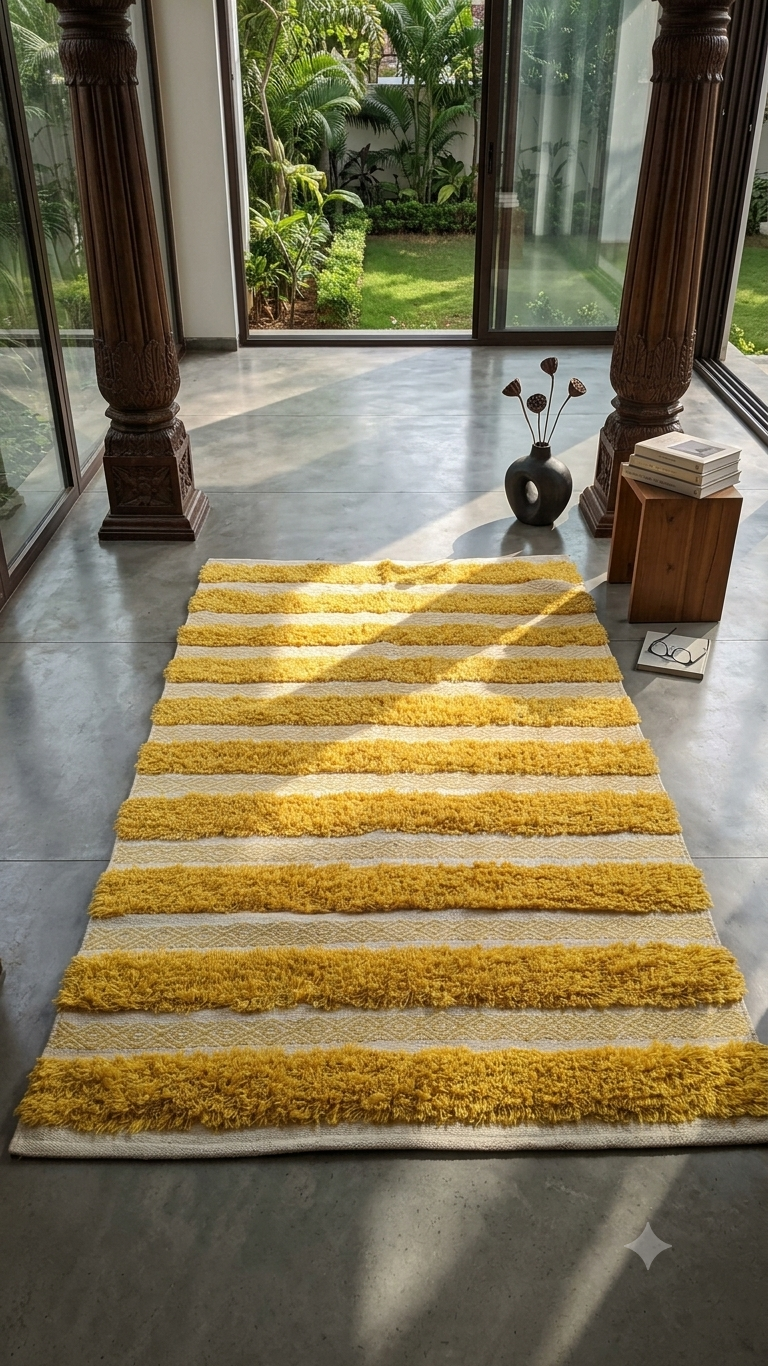 Sunburst Tufted Stripe Pure Cotton Rug with vibrant mustard yellow tufted stripes and off-white geometric diamond lattice flatweave base