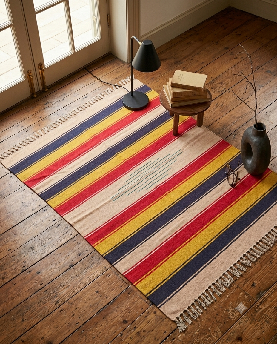 Sunset Stripe 100% Pure Cotton Rug measuring 6x4 ft with red, yellow, and navy vertical stripes and central geometric stitch detail