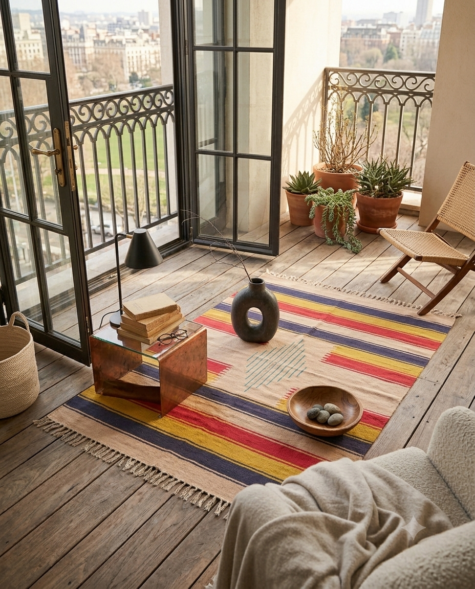Sunset Stripe 100% Pure Cotton Rug measuring 6x4 ft with red, yellow, and navy vertical stripes and central geometric stitch detail