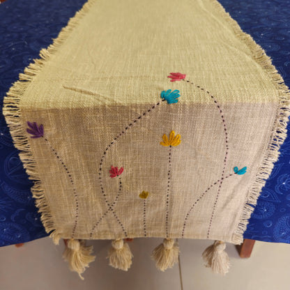 Handmade Kantha Work Slub Cotton Table Runner in Off-white Color with Embroidery and Hanging Tassels