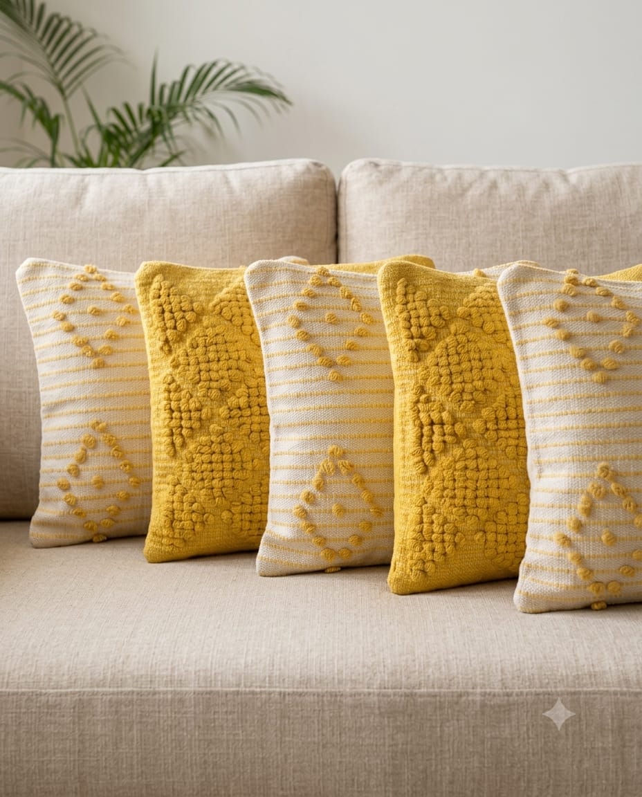 Tant-Tarang 5-piece handloom cotton cushion cover set featuring white tasseled covers and pink and blue pastel frilled covers styled on a sofa.