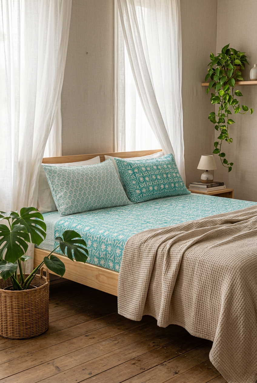 Handblock Printed 100% Cotton King Size Bedsheet | Teal Floral Print Set