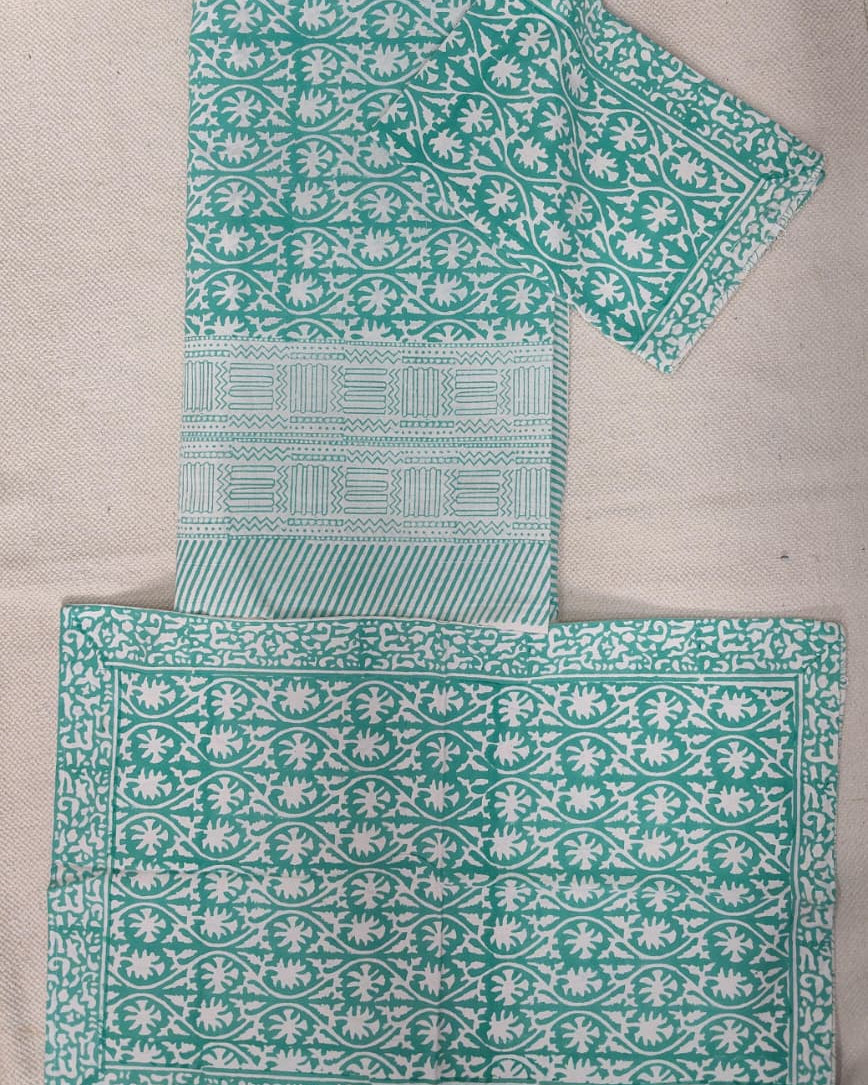 Folded 100x108 inch king size cotton bedsheet and matching pillow covers featuring a traditional teal and white handblock floral print.