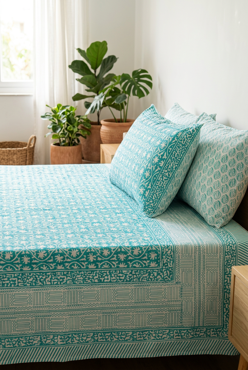 Handblock Printed 100% Cotton King Size Bedsheet | Teal Floral Print Set