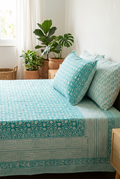 Handblock Printed 100% Cotton King Size Bedsheet | Teal Floral Print Set