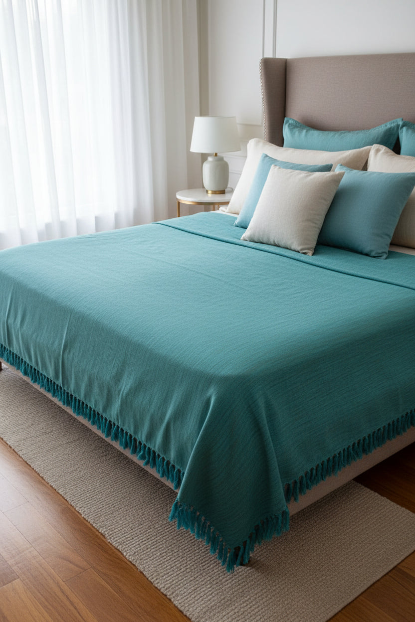 Teal handloom slub cotton king size bed cover featuring a textured solid weave and handcrafted fringe tassels.