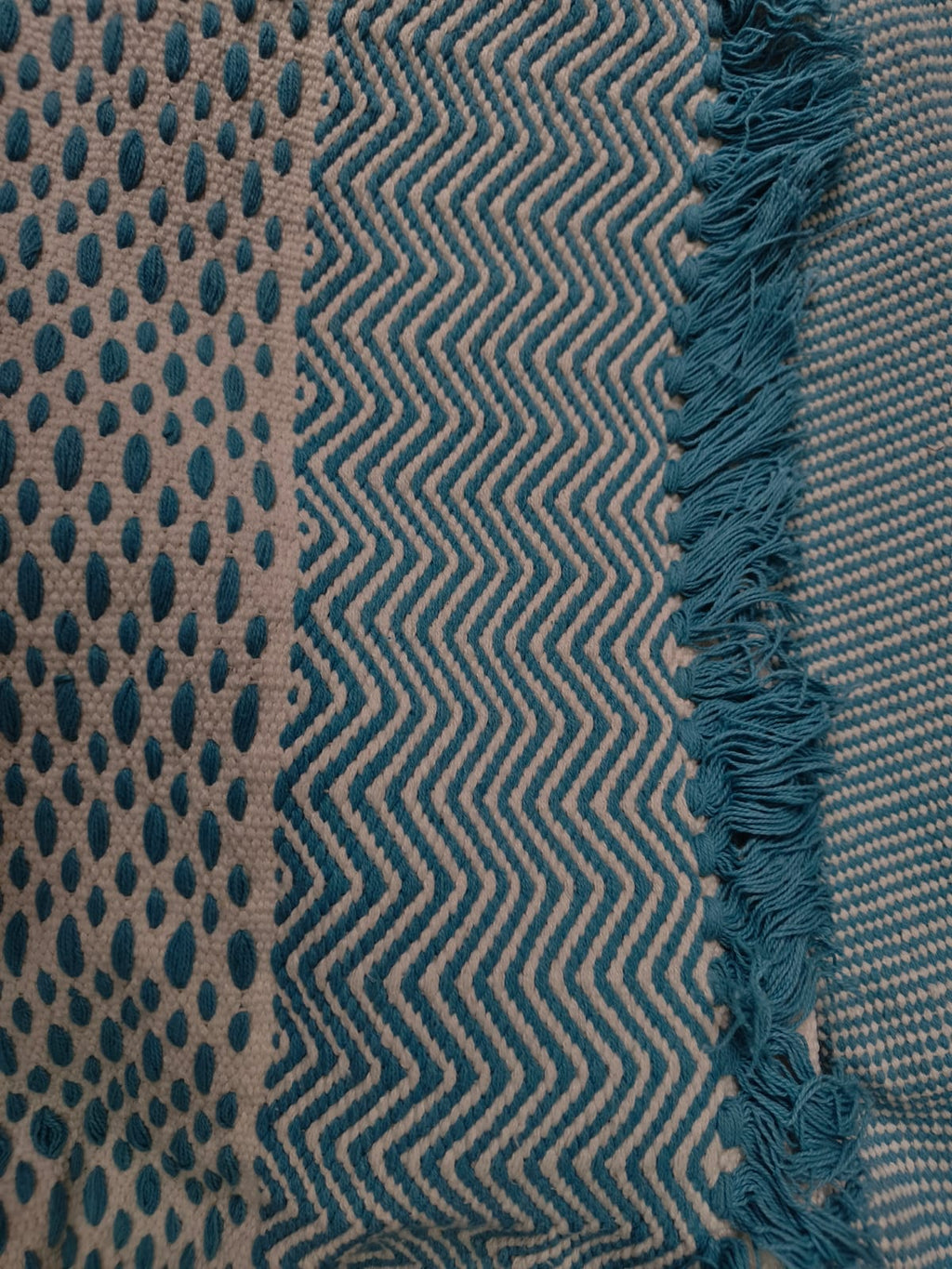 Close-up of a teal and ivory handwoven cotton tufted rug featuring textured dot patterns, geometric chevron weave, and fringe tassel edges.