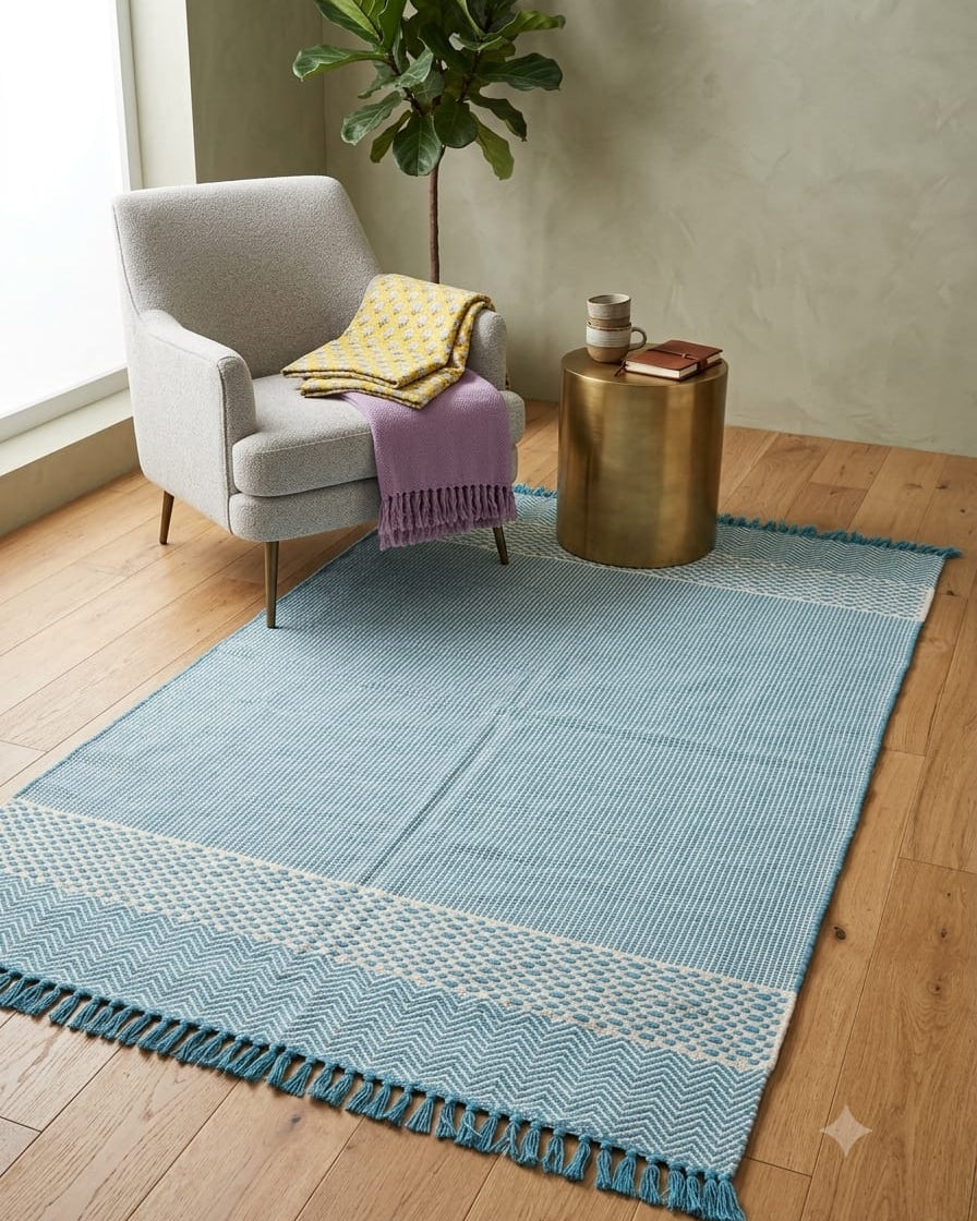 Close-up of a teal and ivory handwoven cotton tufted rug featuring textured dot patterns, geometric chevron weave, and fringe tassel edges.
